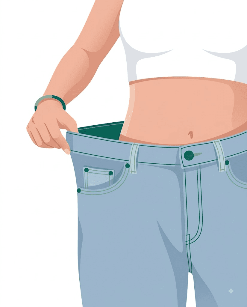 Illustration of a person holding out the loose waistband of oversized jeans